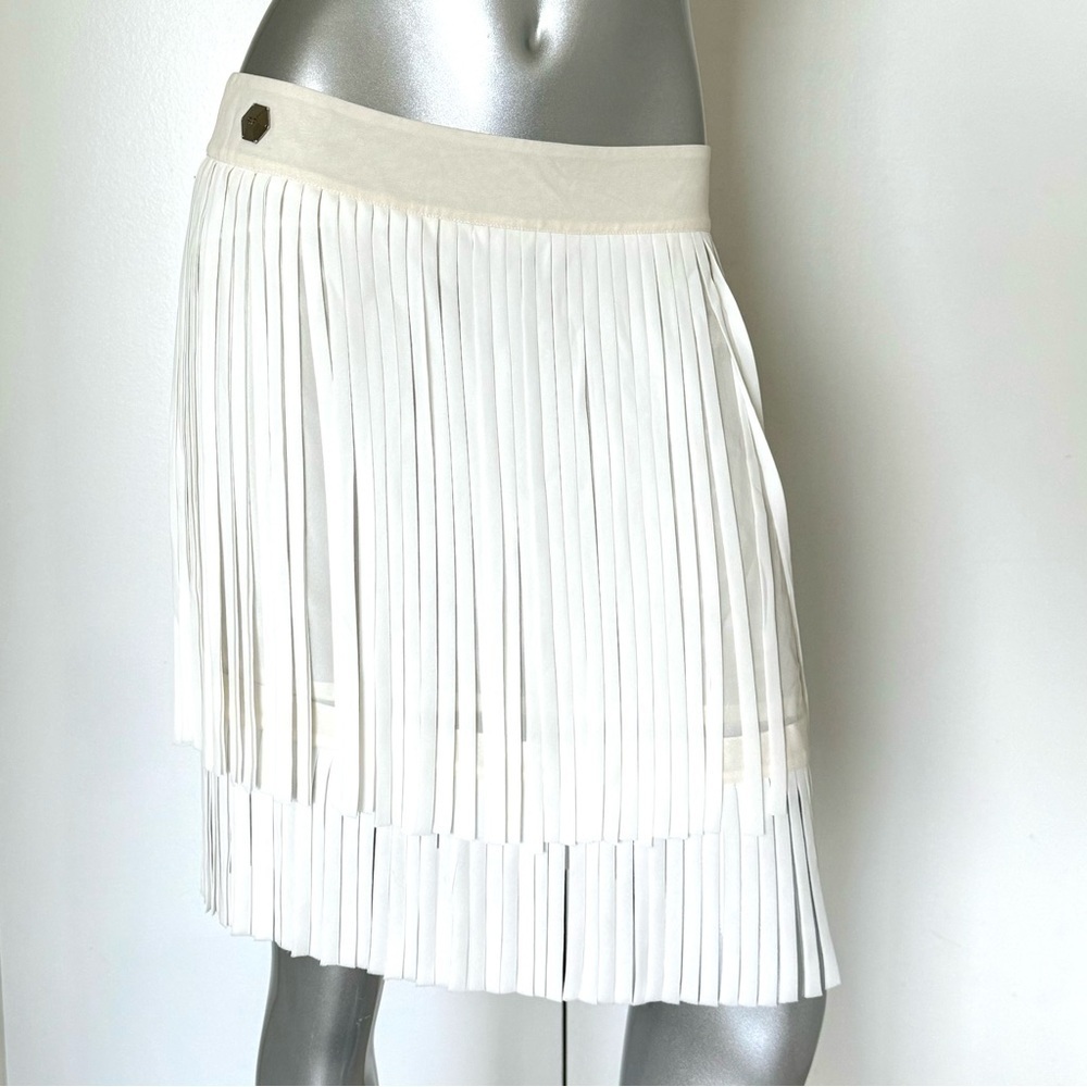 NWT! PHILIPP PLEIN White Fringed Silk Skirt, Size M
